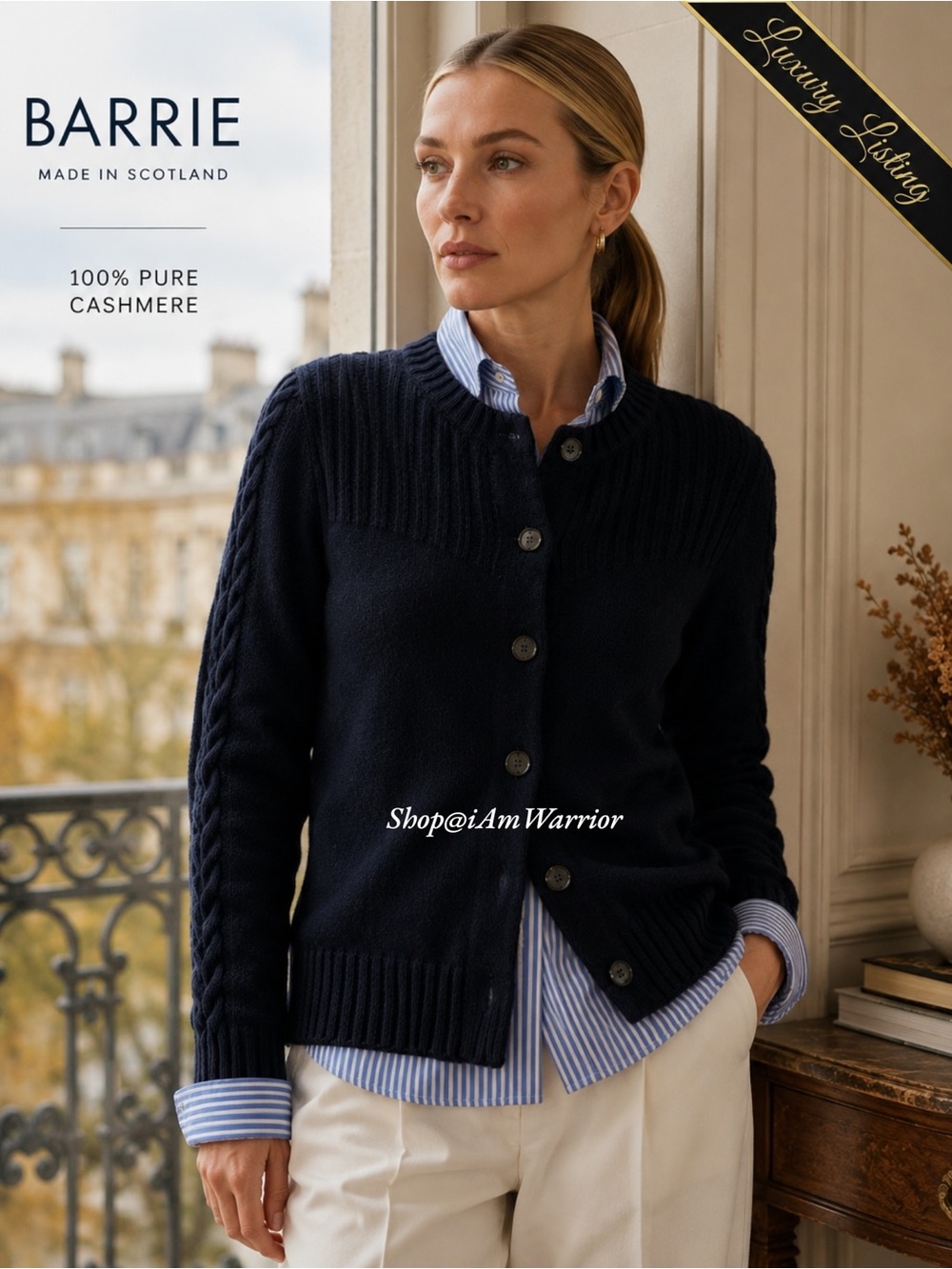 BARRIE Scotland 100% Cashmere Navy Ladder Knit Cardigan Sweater